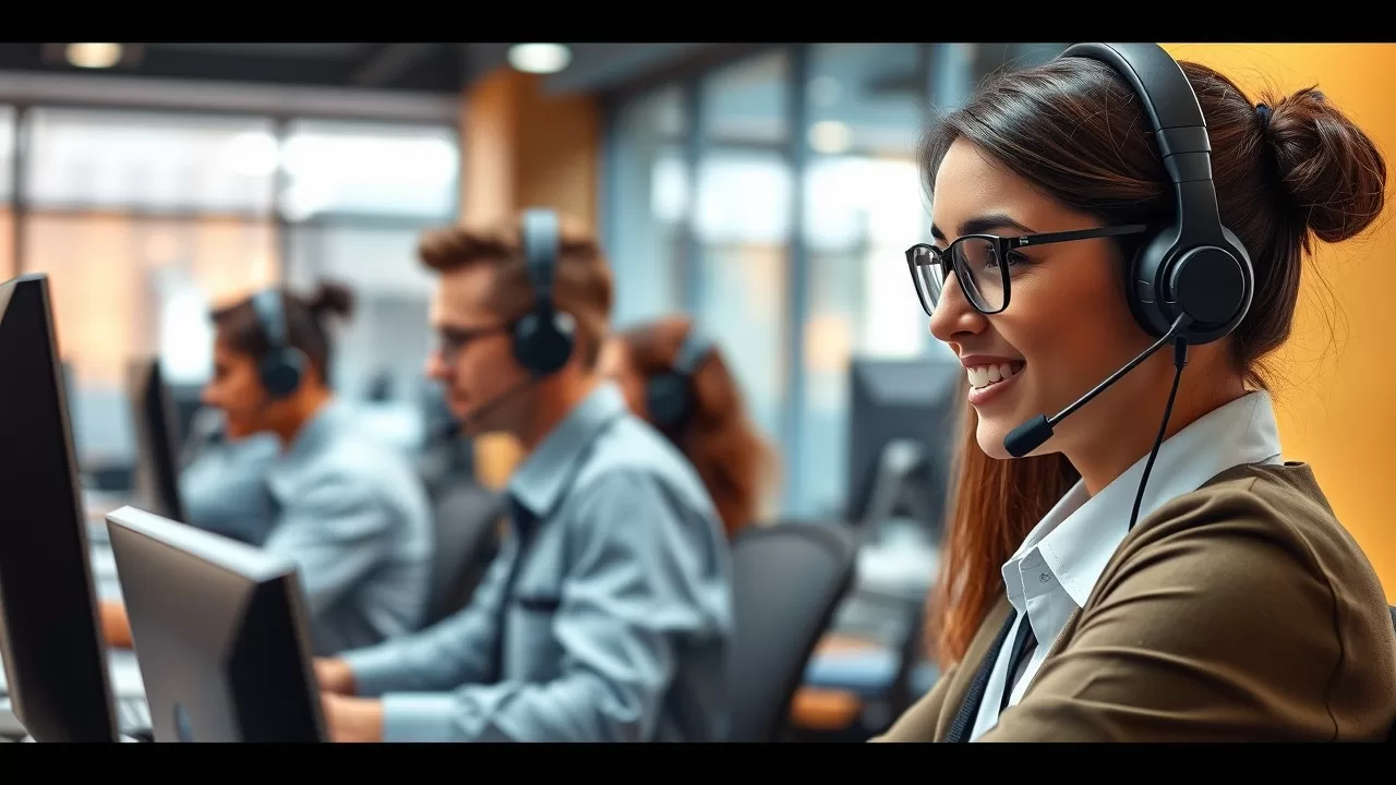 Foto realista de um call center moderno, com operadores usando headsets para chamadas VoIP.