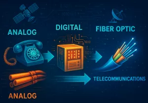 Linha do tempo artística mostrando a evolução das telecomunicações, do telefone antigo à fibra óptica moderna.