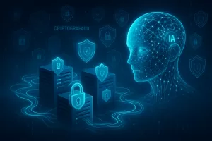 Representação artística de inteligência artificial monitorando redes digitais para cibersegurança.