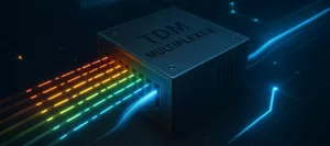 Multiplexador TDM em visualização digital 3D, mostrando sinais sendo combinados em um único canal.