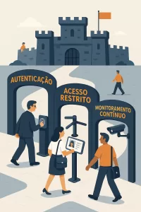 Ilustração de arquitetura Zero Trust com múltiplas camadas de autenticação.