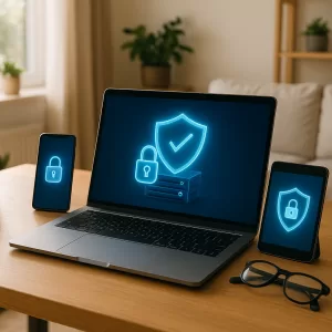 Cenário de home office com dispositivos protegidos por camadas de segurança digital.