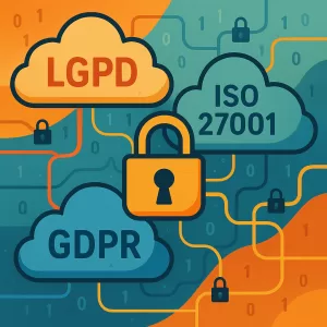 Arte digital mostrando integração segura entre diferentes nuvens e compliance regulatório.