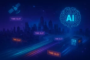 Visão futurista de redes de telecomunicação integrando TDM com inteligência artificial.