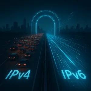 Representação visual do processo de transição do IPv4 para o IPv6.