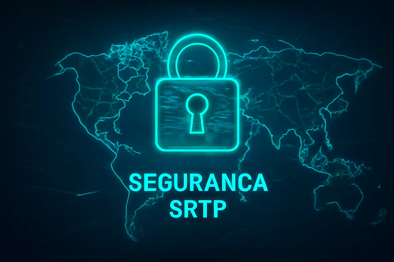 Conceito de segurança em protocolo SRTP com cadeado digital sobre mapa de rede