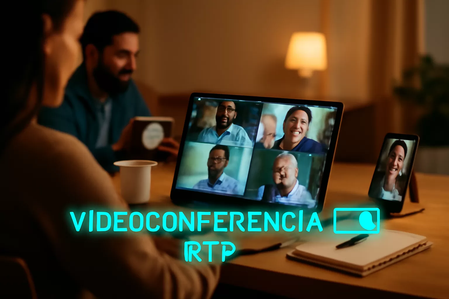 Pessoas participando de videoconferência através de tecnologia RTP