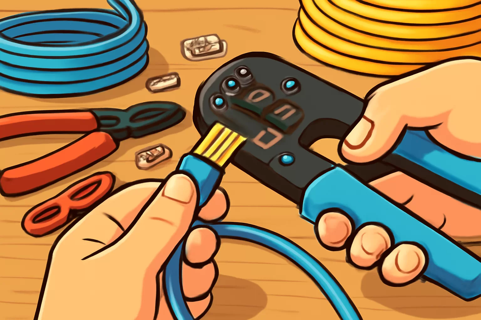 Pessoa montando cabo RJ-45 com alicate de crimpagem