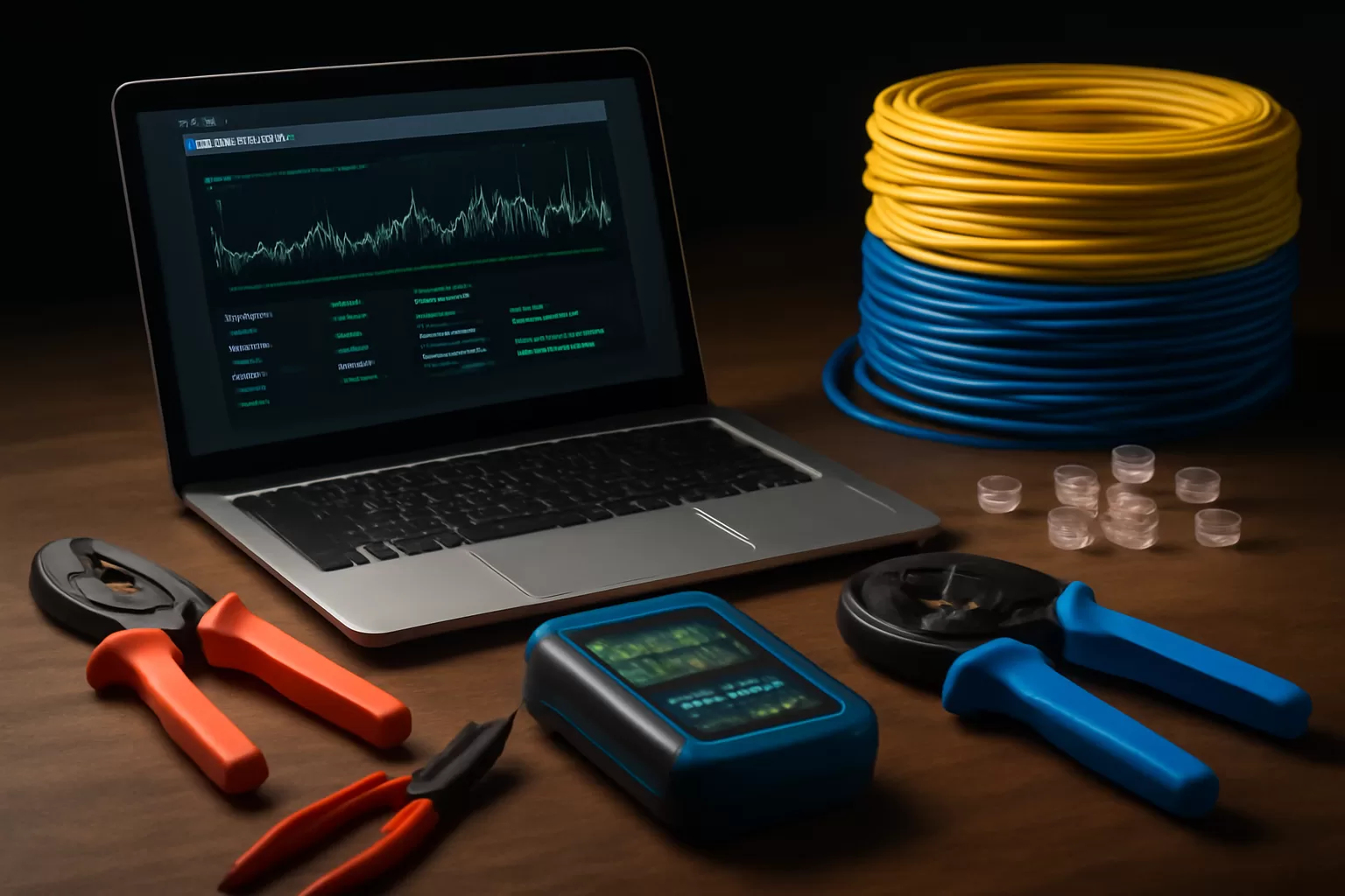 Estação de trabalho profissional com ferramentas de rede e notebook