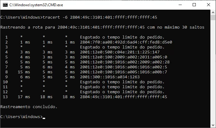 Comando de terminal Windows exibindo endereço IPv6.