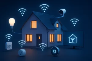 Ambiente residencial moderno com dispositivos inteligentes conectados à rede Wi-Fi.