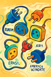 Desenho artístico e colorido de vários estilos de tomadas universais conectadas por fios estilizados