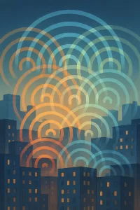 Interferência entre redes Wi-Fi em uma vizinhança urbana.