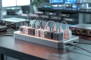 Imagem 3D realista de plugues de tomada conectados a equipamentos de telecom em bancada técnica