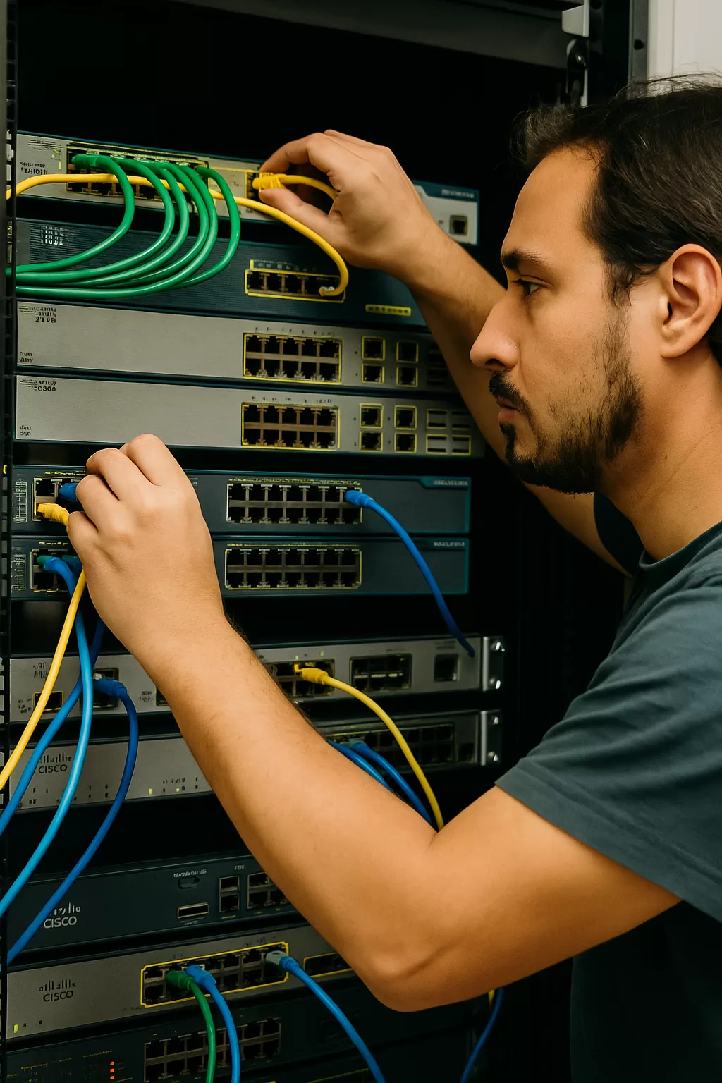 Profissional trabalhando em um ambiente com equipamentos Cisco