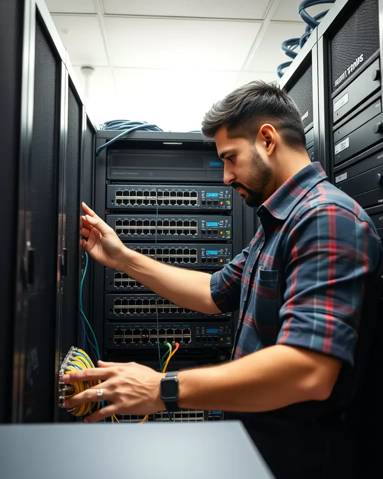 Engenheiro de redes trabalhando com roteadores e switches Cisco em rack