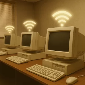 Representação do primeiro padrão Wi-Fi em 1997, com computadores antigos conectados.