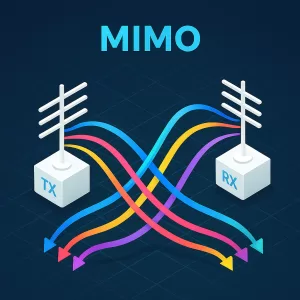 : Ilustração digital mostrando antenas MIMO com múltiplos fluxos de dados.