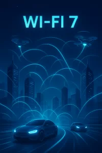 Representação artística do futuro com Wi-Fi 7 e cidades inteligentes.