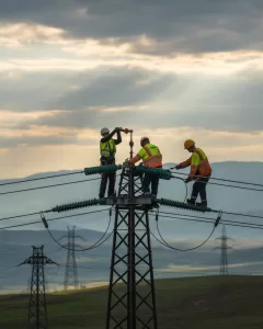 Equipe técnica instalando OPGW no topo de uma torre de alta tensão.
