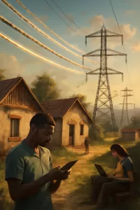 Comunidade rural conectada à internet via infraestrutura elétrica.