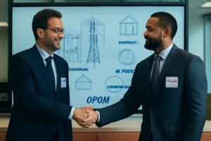 Representantes de empresa de energia e telecomunicações fechando parceria.