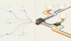 Comparação visual entre FTTR e cabeamento Ethernet