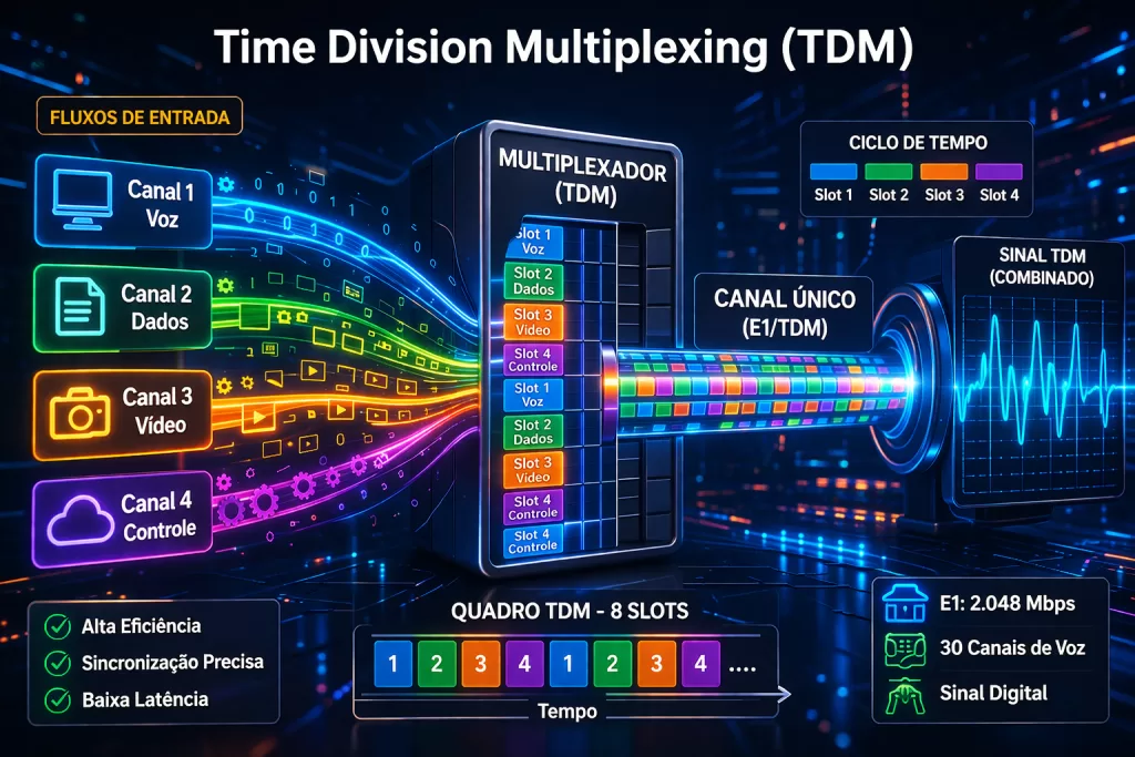 Representação artística do processo de multiplexação por divisão de tempo (TDM)