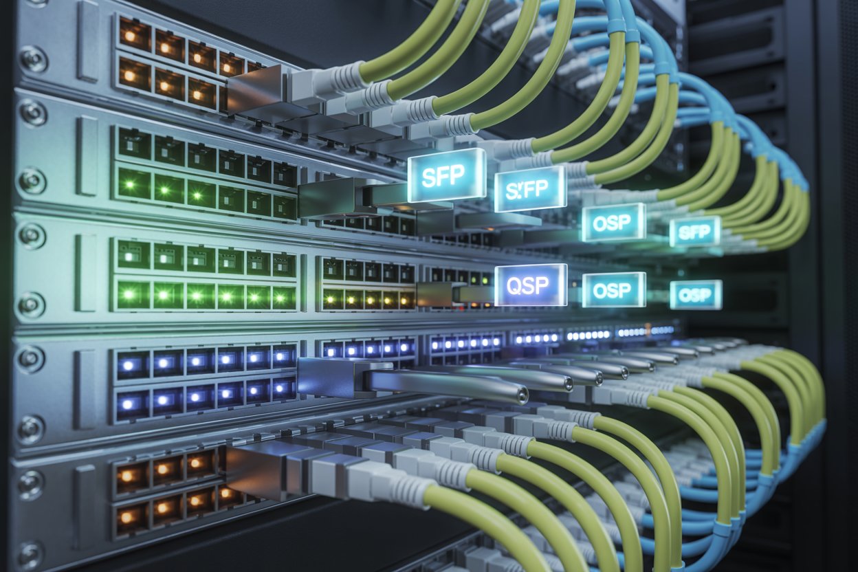 Transceptores ópticos SFP, QSFP e OSFP em ambiente de data center moderno