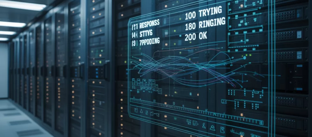 Visual técnico e futurista representando códigos de resposta SIP em uma rede de telecomunicação.