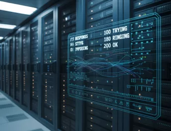 Visual técnico e futurista representando códigos de resposta SIP em uma rede de telecomunicação.