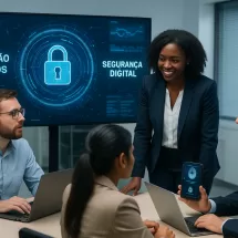 Equipe colaborando em ambiente moderno com foco em proteção de dados e segurança digital.