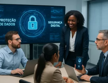 Equipe colaborando em ambiente moderno com foco em proteção de dados e segurança digital.