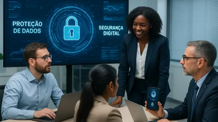 Equipe colaborando em ambiente moderno com foco em proteção de dados e segurança digital.