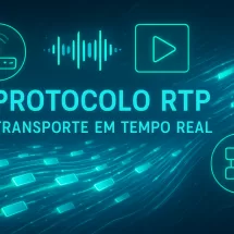 Ilustração conceitual do protocolo RTP com conexão digital e fluxo de dados em tempo real