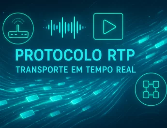 Ilustração conceitual do protocolo RTP com conexão digital e fluxo de dados em tempo real