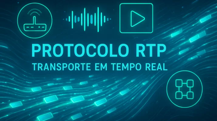 Ilustração conceitual do protocolo RTP com conexão digital e fluxo de dados em tempo real
