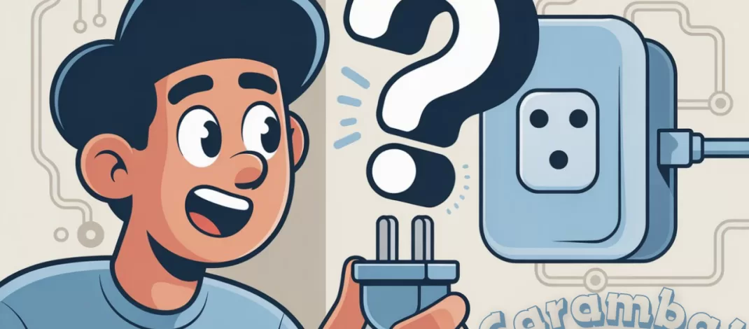 Desenho animado de jovem segurando um cabo com tomada genérica e interrogação sobre a cabeça