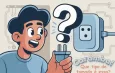 Desenho animado de jovem segurando um cabo com tomada genérica e interrogação sobre a cabeça