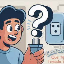 Desenho animado de jovem segurando um cabo com tomada genérica e interrogação sobre a cabeça