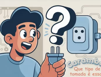 Desenho animado de jovem segurando um cabo com tomada genérica e interrogação sobre a cabeça