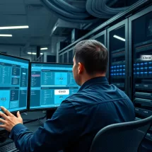 Profissional analisando diferentes sistemas operacionais Cisco em um ambiente técnico moderno