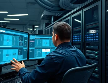 Profissional analisando diferentes sistemas operacionais Cisco em um ambiente técnico moderno
