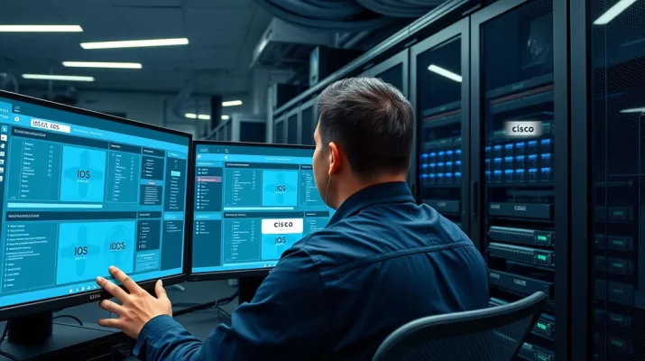 Profissional analisando diferentes sistemas operacionais Cisco em um ambiente técnico moderno