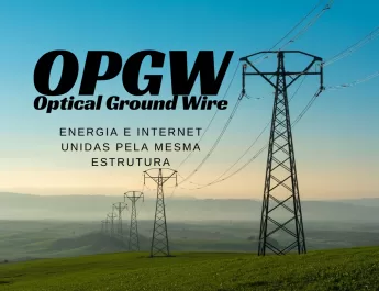 Linha de transmissão de energia com céu limpo e destaque para cabos OPGW usados para internet.