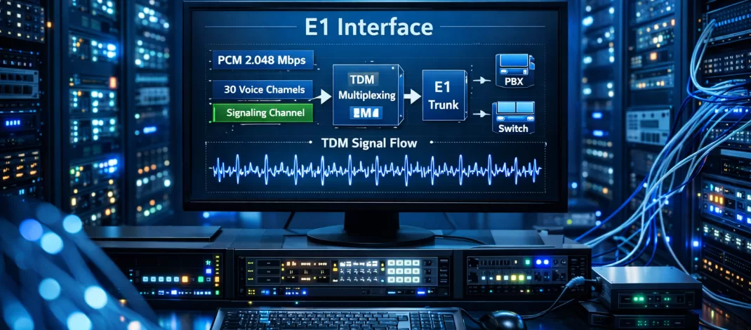 Painel técnico moderno representando a interface E1 em sistemas de telecomunicação