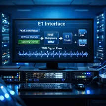 Painel técnico moderno representando a interface E1 em sistemas de telecomunicação