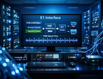 Painel técnico moderno representando a interface E1 em sistemas de telecomunicação