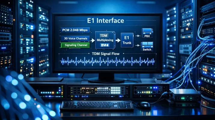 Painel técnico moderno representando a interface E1 em sistemas de telecomunicação